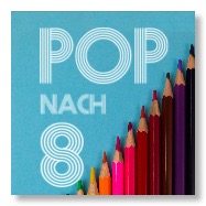 Pop-nach-8-Logo und Buntstifte