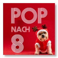 Pop nach 8 Logo und Hund in Weihnachtskostüm