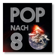 Pop-nach-8-Logo und eine explodieerende Erde