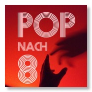 Pop-nach-8-Logo und Hand vor rotem Hintergrund