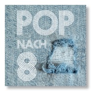 Jeans mit aufgeschabter Stelle und das Pop-nach-8-Logo