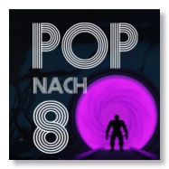 Pop-nach-8-Logo und ein Riese vor einem rosa Tor