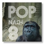Pop nach 8 Logo und ein Schimpanse