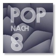 Pop-nach-8-Logo und ein grauer abstrakter Hintergrund
