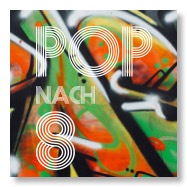 Pop-nach-8-Logo vor einem grün-orangenen Graffiti