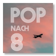 Rosa-blauer Himmel, ein Flugzeug und das Pop-nach-8-Logo
