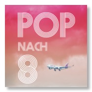 Ein Flugzeug vor rosafarbeneme Himmel und dem Pop-nach-8-Logo
