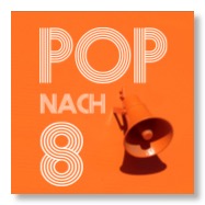 Lautsprecher in orange und Pop-nach8-Logo