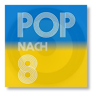 Pop nach 8 - der Podcast aus Berlin. Logo blau-gelb.